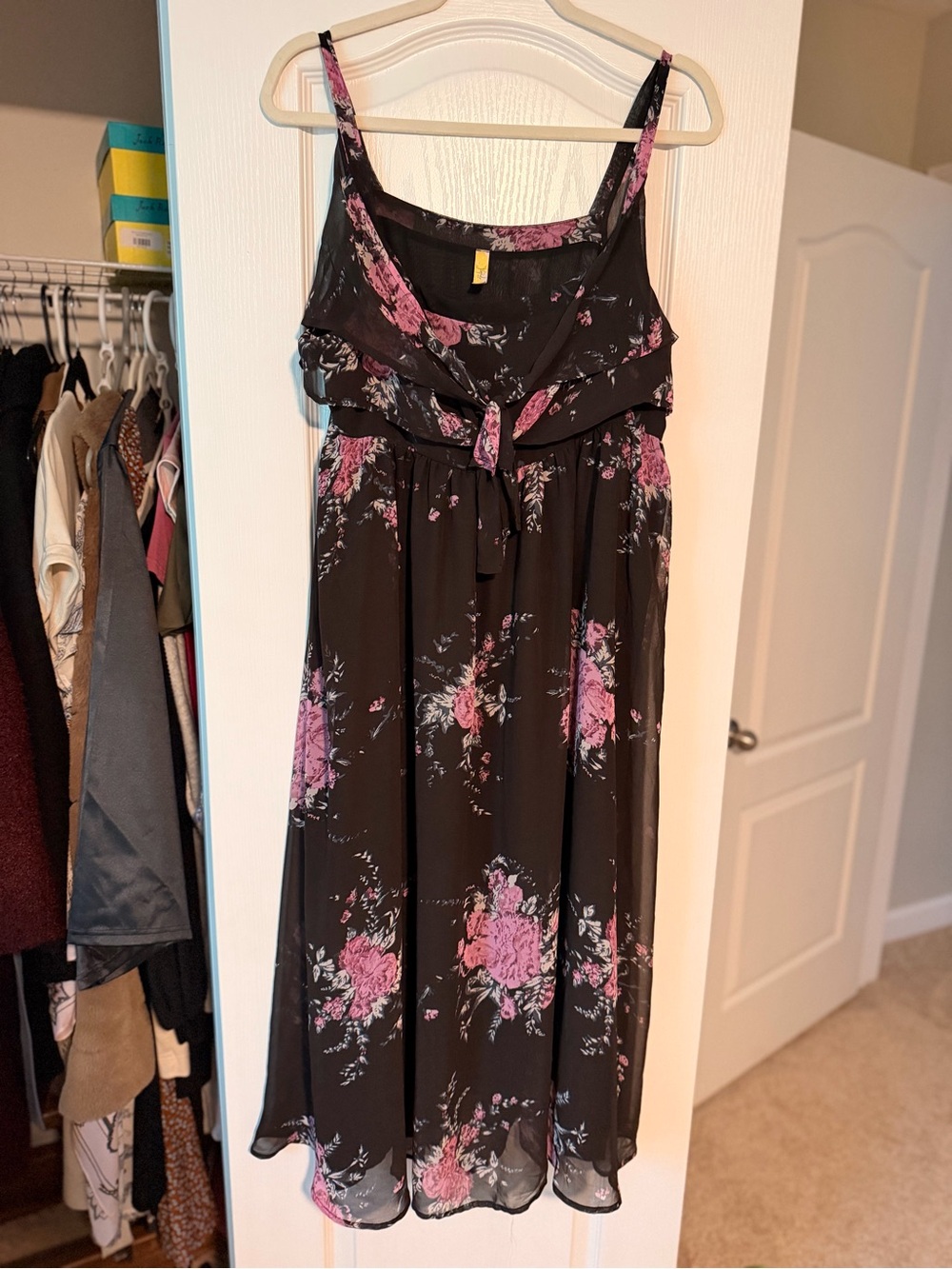 Free People Black Midi Dress with Pink Floral Print